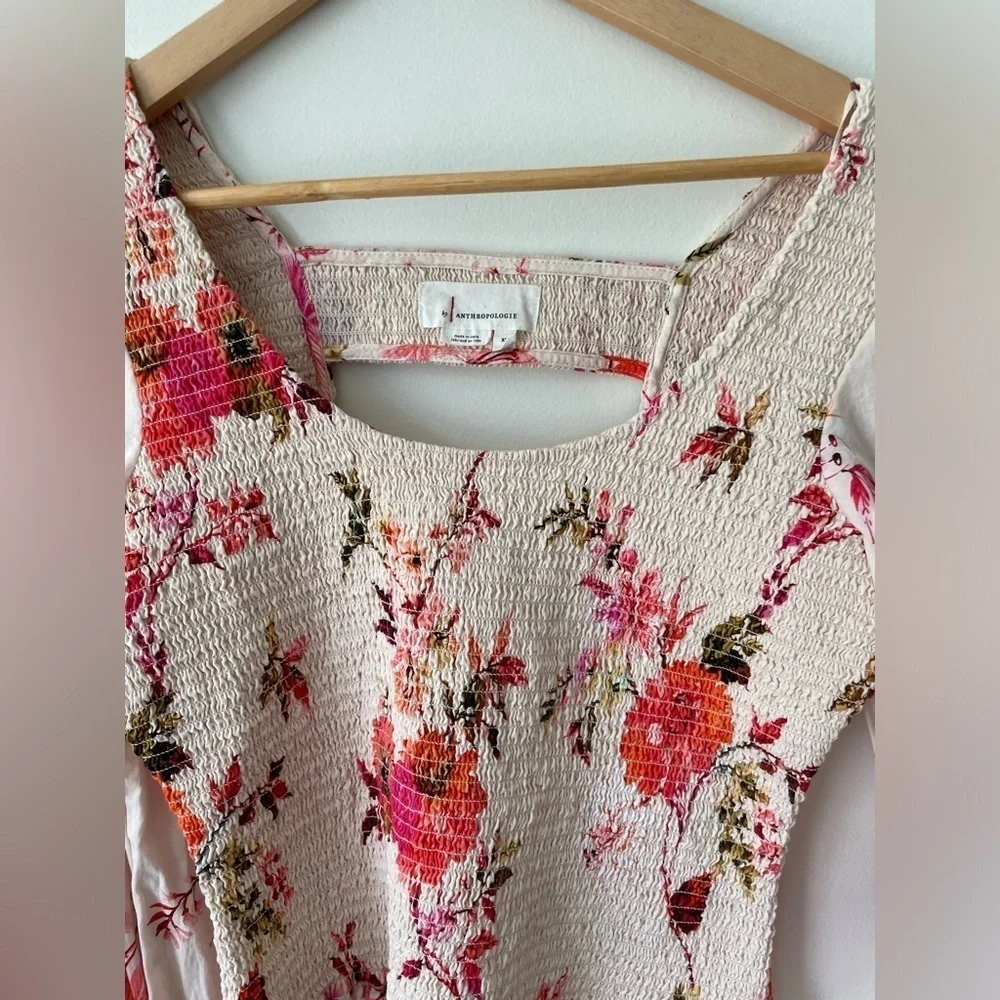 Anthropologie Floral Blouse Size XS/S Smocked Puff Long Sleeve Cotton - Picture 4 of 11